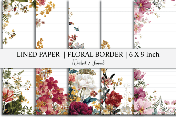 Notebook Lined Paper Floral Border